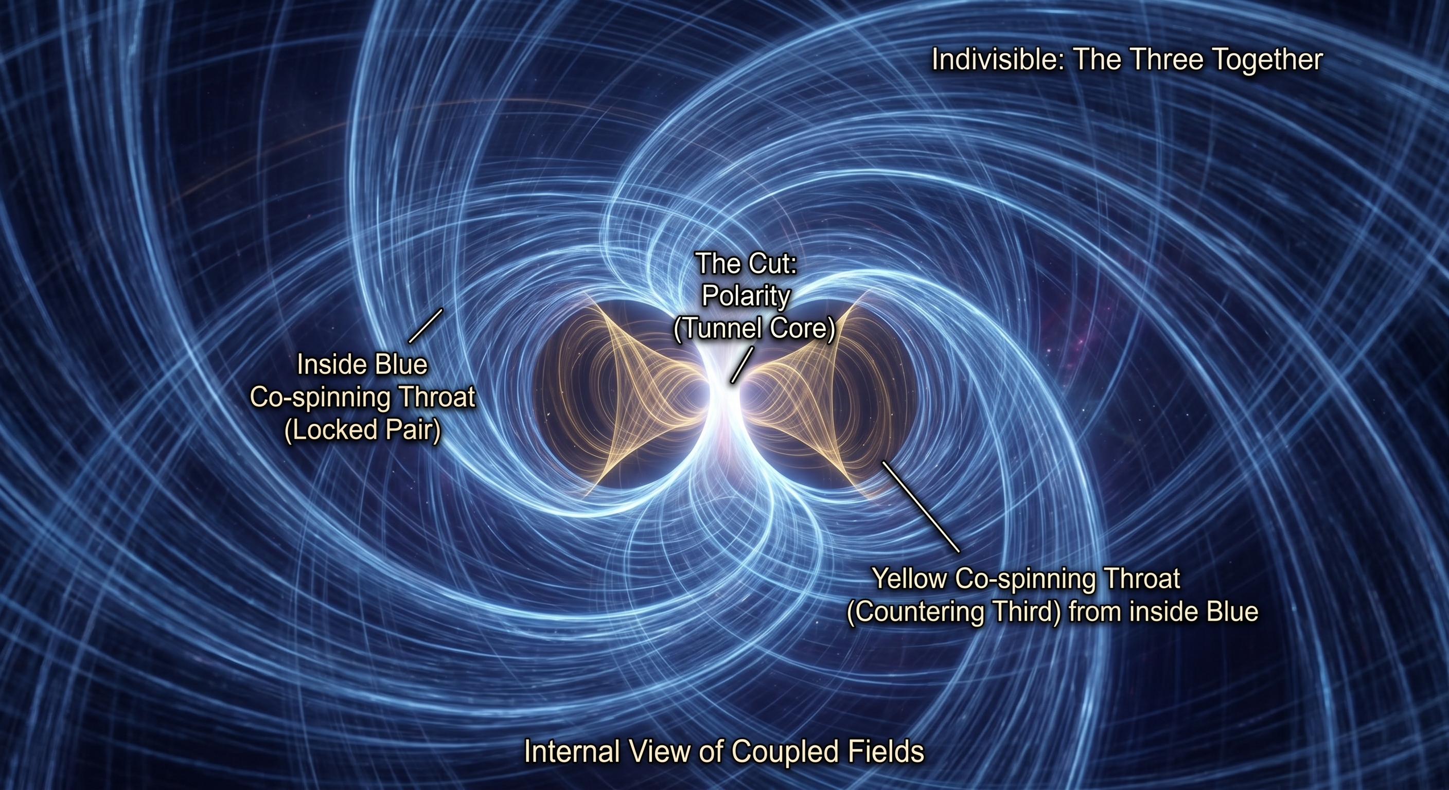 Internal view of coupled fields: blue co-spinning throat as the locked pair and yellow co-spinning throat as the countering third, meeting at the tunnel core where polarity originates